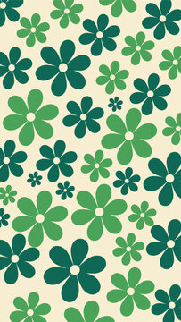 Retro Green Floral Seamless Pattern on Cream Background