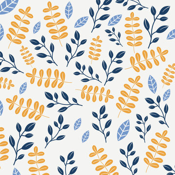 Minimalist Scandinavian Floral Seamless Pattern with Navy Blue and Mustard Yellow Leaves