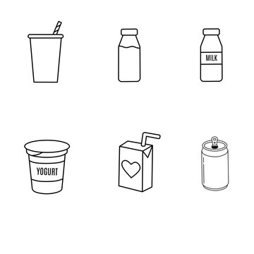 Minimalist beverage and dairy product packaging line icons