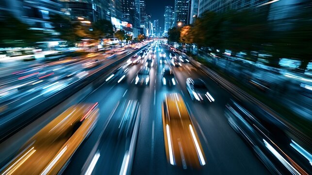 Urban street traffic creating light trails during a fast paced night, conveying concepts of speed, modern transportation, and dynamic city life through its motion blur