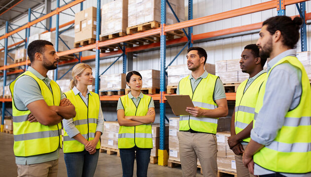 Warehouse manager leading a meeting with diverse staff in a logistics center, team of industrial workers listening to supervisor for supply chain management and safety briefing