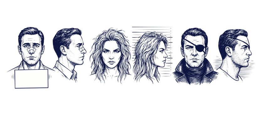 Mugshot sketch suspect police lineup illustration set featuring hand drawn portrait profiles of criminal arrested characters with bandaged nose, messy hair and eyepatch on white background.