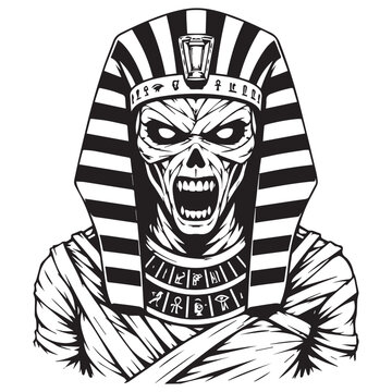 Undead pharaoh in bold ink style with black and white