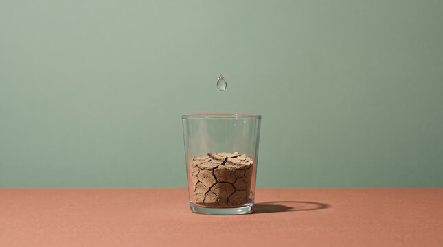 Single Water Drop Above Dry Soil Symbolizing Drought, Water Scarcity and Climate Change Hope