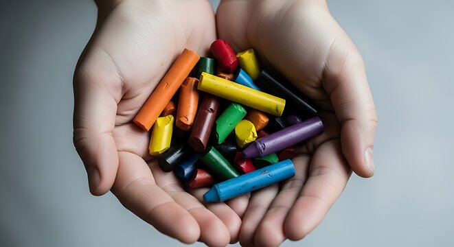 World mental health day child's hands holding colorful crayons symbolizing creativity and emotional wellbeing