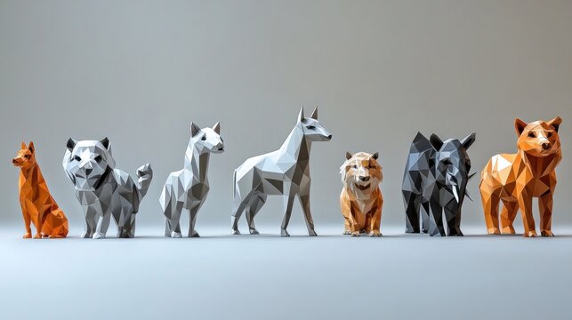 Low-poly animal models studio shot, grey background