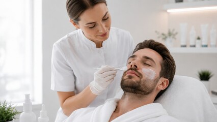 Fototapeta premium Male Client Receiving Professional Facial Skincare Treatment at Modern Beauty Spa