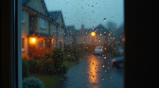 Primer plano de una ventana residencial con rastros de lluvia