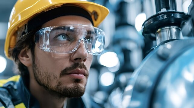 Young male engineer or technician wearing safety personal protective equipment while diligently monitoring and working on machinery in an industrial factory or manufacturing plant