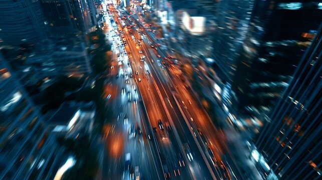 City streets at night with vehicle light trails creating motion blur along a multi lane highway, winding through modern urban skyscrapers