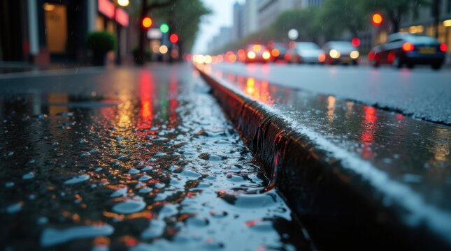 Vista detallada del agua de lluvia fluyendo a lo largo del bordillo de una acera urbana