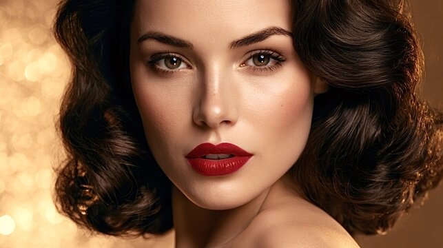 Portrait of an elegant woman showcasing refined beauty with perfect makeup. Bold red lipstick. And classically styled dark wavy hair against a golden bokeh background