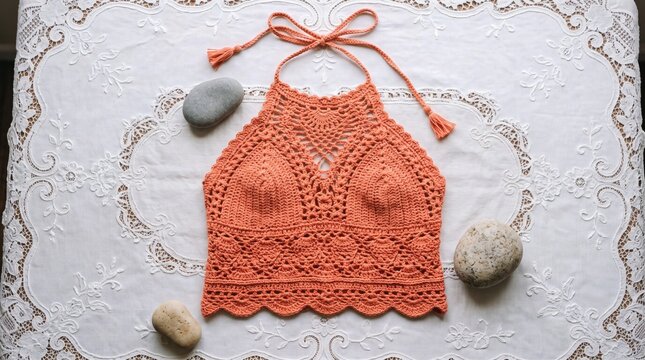 Handmade Orange Crochet Halter Top with Tassels and Decorative Stones.
