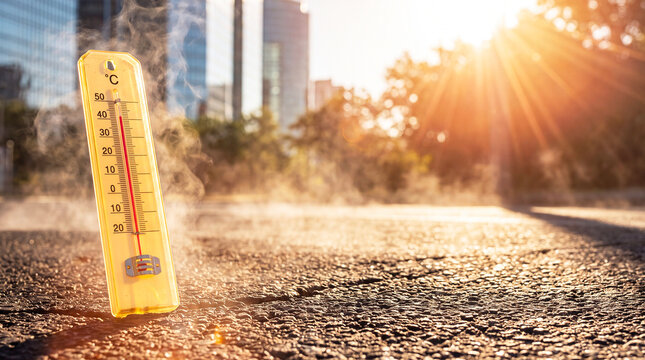 Extreme urban heat: a thermometer showing a high temperature in a city, representing severe global warming, climate change, and extreme weather conditions