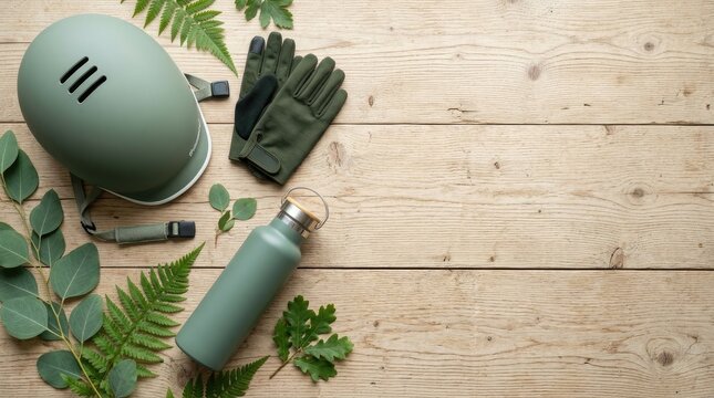 Eco Friendly Cycling Accessories Flat Lay on Light Wooden Background