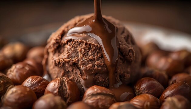 Decadent chocolate ice cream scoop surrounded by roasted hazelnuts with pouring chocolate sauce syrup