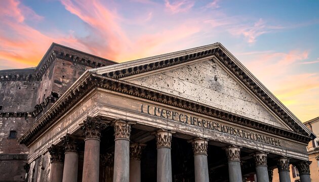 Ancient stone building with triangular pediment and columns at sunset