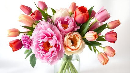 Obraz premium A vibrant floral arrangement of peonies and tulips in a glass vase against a white background.