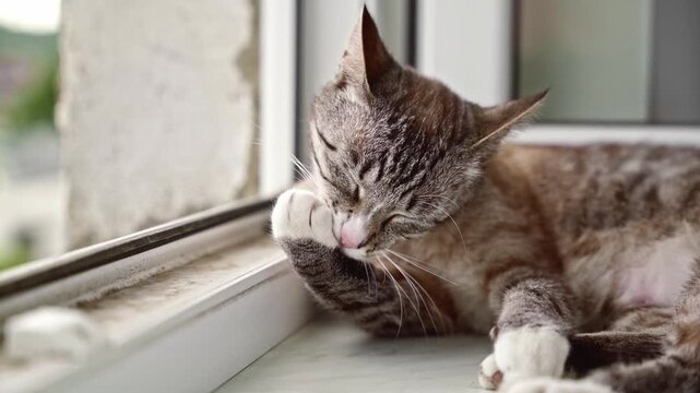 Portrait of an tabby-point cat with blue eyes washing itself on a window sill
