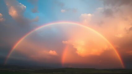 Obraz premium A vibrant rainbow arches across the sky after a storm, dramatic clouds.