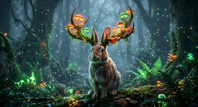 Fanciful jackalope rabbit with glowing mushrooms and mossy antlers sitting on a log in an enchanted magical forest