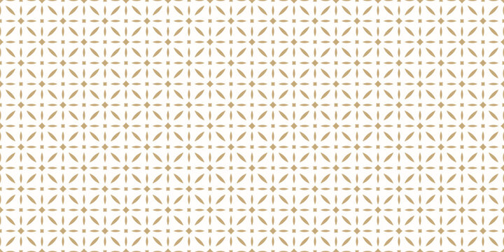 Luxury golden vector seamless background. Abstract geometric floral pattern with diamonds, flower silhouettes, leaves, lattice. Simple gold ornament in oriental style. Repeated minimal geo design