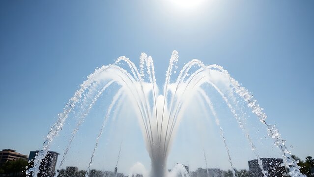 Symmetrical arc of water from a fountain against a clear sky.
