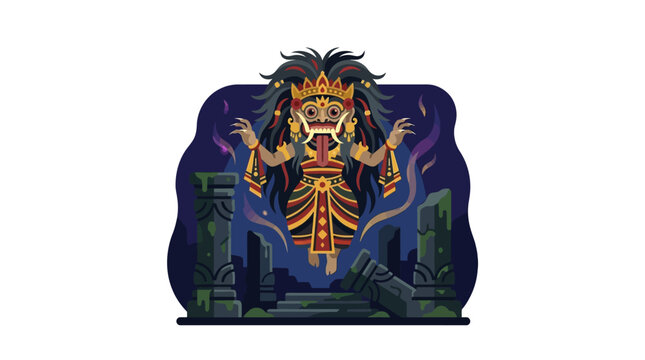 Dark Rangda spirit among ancient stone temple ruins.