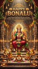 Obraz premium Happy bonalu festival greeting with goddess mahakali seated on golden throne with marigold