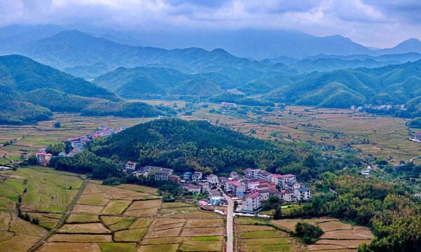 Rural Mountain Village and Farmland Landscape in Jiangxi, China
