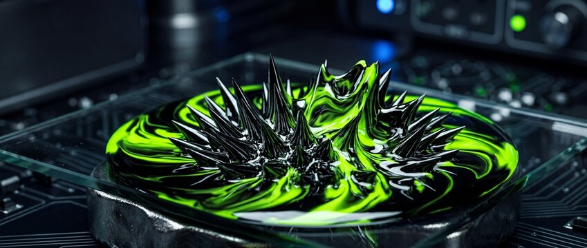 Green and black ferrofluid in liquid state creating abstract spikes and spikes pattern under magnetic field scientific experiment