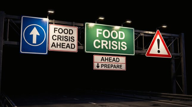 Road signs warning of impending food crisis and urging preparation.
