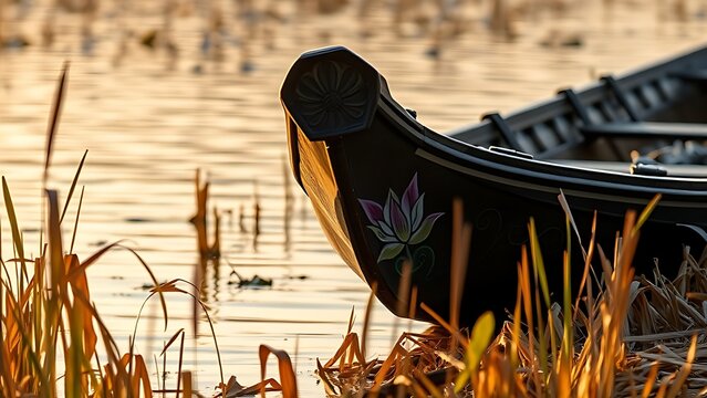 Traditional reed boat prow with lotus motifs among reeds at water's edge.