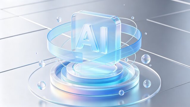Futuristic AI processor icon with transparent glass design and glowing circular elements, idea for artificial intelligence computing platform