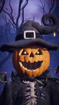 Funny 3D animation of Halloween pumpkin head skeleton talking, scaring and laughing in spooky night cemetery. Humorous talking jack o lantern character gesturing in scary foggy graveyard.