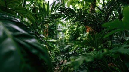 Fototapeta premium Fresh foliage natural harmony organic balance botanical freshness sustainable floristry focus on vibrant greenery copy space garden inspiration theme realistic Manipulation botanical greenhouse backdr