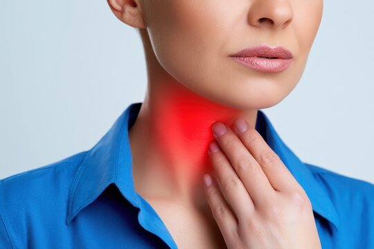 Woman touches neck to thyroid gland disease symptoms. Glowing red sign on throat. Endocrine inflammation hypothyroidism goiter node or larynx pain. Lymph node screening, hormones. Awareness campaign
