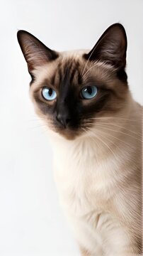 A beautiful, close-up cinematic portrait of a Siamese cat in profile against a clean, solid white studio background