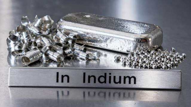 Indium metal samples and pellets are displayed on a table along with an indium bar labeled with the symbol In in a laboratory setting