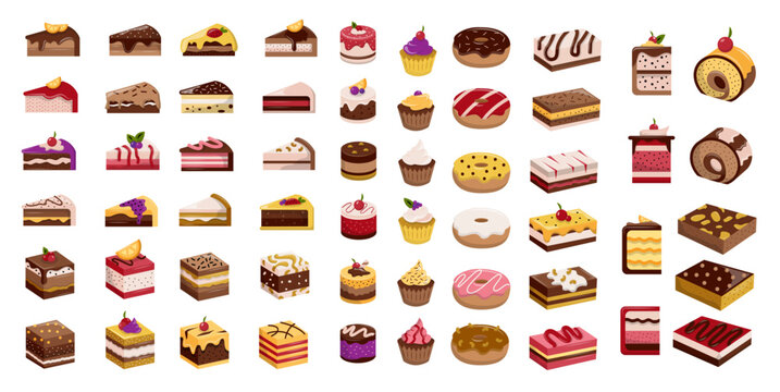 Delicious Dessert Vector Set Assorted Cake Slices Cupcakes Donuts Swiss Rolls and Sweet Bakery Pastries