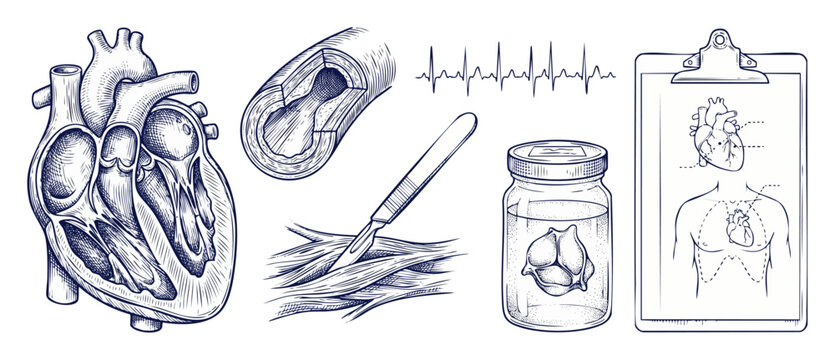 Human heart anatomy engraving set of cardiology and surgery elements featuring blocked artery, scalpel cutting muscle, EKG line, heart valve specimen jar, and clipboard diagram on white background.
