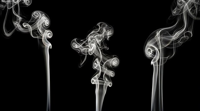 Abstract white smoke swirls rising against a solid black background