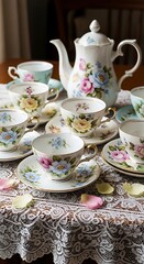 Fototapeta premium Vintage Floral Porcelain Tea Set Arranged on Lace Tablecloth Indoors
