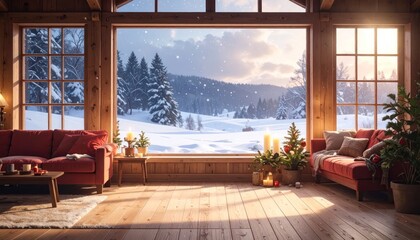 Fototapeta premium Cozy Log Cabin Living Room with Panoramic Snowy Winter Landscape View and Christmas Decorations