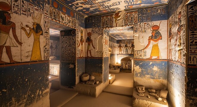 Ancient Egyptian tomb interior with hieroglyphs and artifacts.