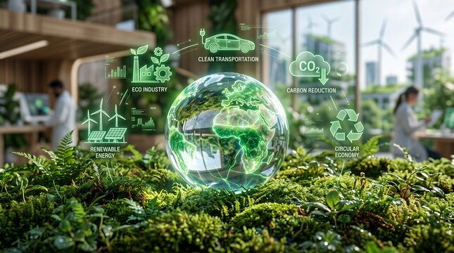 Futuristic Environmental Concept Featuring a Digital Globe with Sustainable Technology Icons for Global Climate Change Awareness and Green Energy Solutions