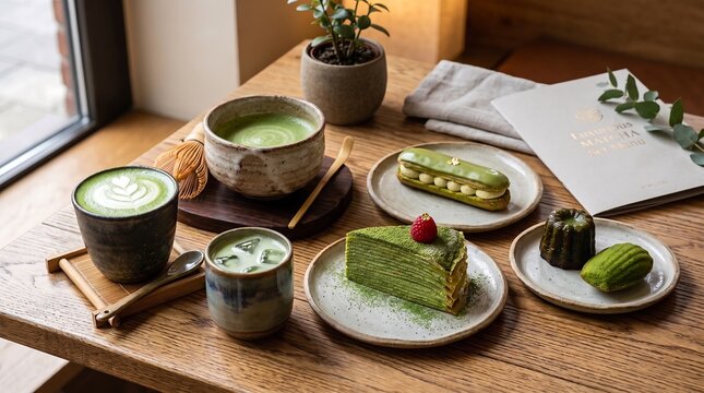 Elegant Matcha Set Menu - Beautifully arranged matcha tea set featuring premium green tea, traditional Japanese sweets, and minimalist table styling. Perfect for tea culture and caf&eacute; menu concepts.