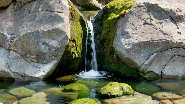 Serene 4K nature video capturing a high pressure stream of crystal clear spring water bursting from a narrow stone fissure into a shallow forest pool blanketed by rich emerald green moss