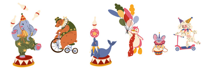 Hand drawn illustration of a classic circus animal performer set with juggling elephant cycling bear balancing fur seal penguin mouse and poodle on kick scooter isolated on white background. Flat