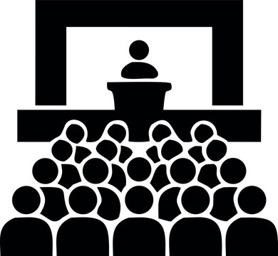 Audience conference icon with speaker podium for seminar and public presentation